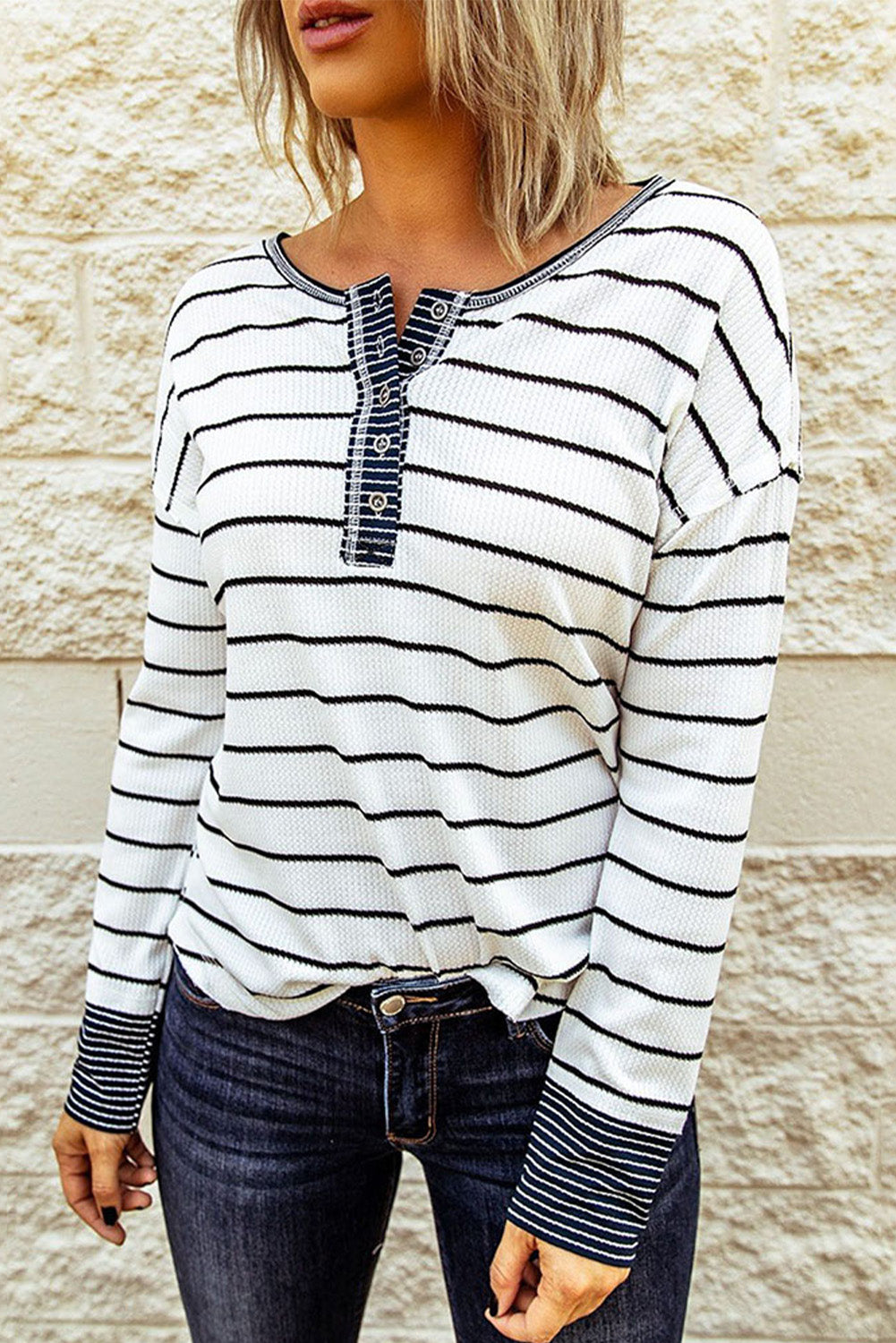 Striped Waffle Knit Henley Long Sleeve Top - T-Shirts - Shirts & Tops - 1 - 2024