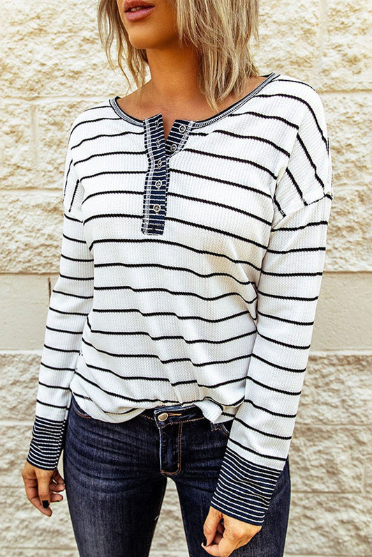 Striped Waffle Knit Henley Long Sleeve Top - T-Shirts - Shirts & Tops - 1 - 2024