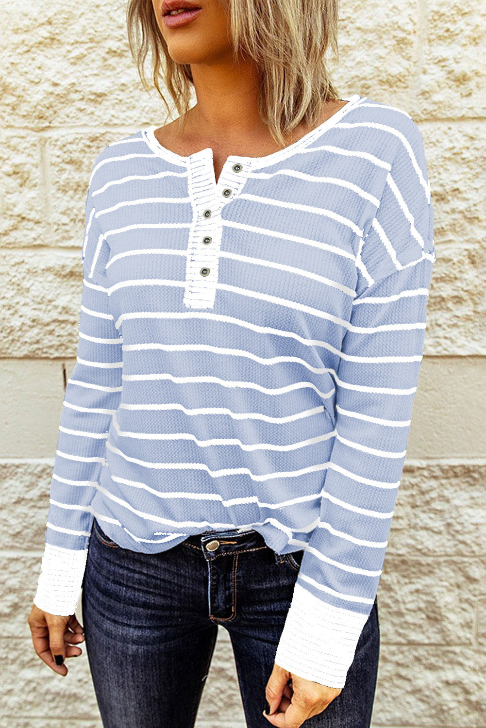 Striped Waffle Knit Henley Long Sleeve Top - T-Shirts - Shirts & Tops - 13 - 2024