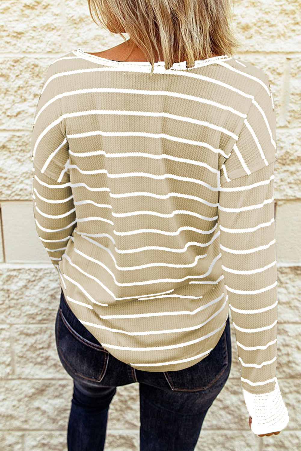Striped Waffle Knit Henley Long Sleeve Top - T-Shirts - Shirts & Tops - 20 - 2024
