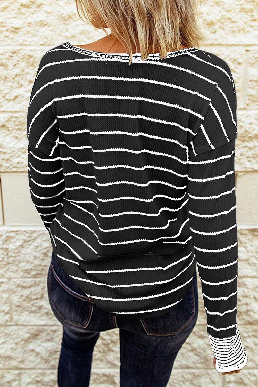 Striped Waffle Knit Henley Long Sleeve Top - T-Shirts - Shirts & Tops - 11 - 2024