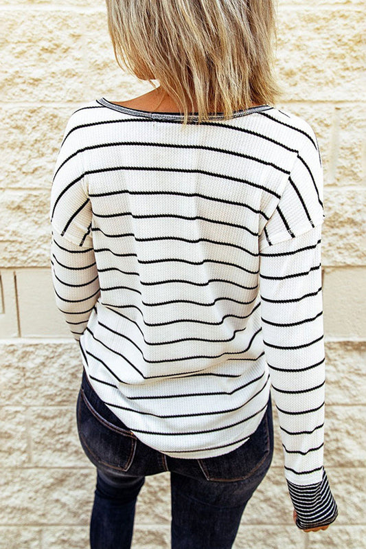 Striped Waffle Knit Henley Long Sleeve Top - T-Shirts - Shirts & Tops - 2 - 2024