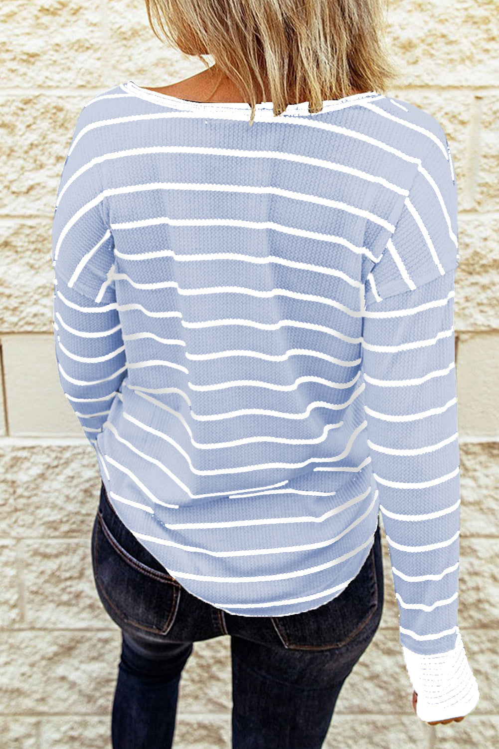 Striped Waffle Knit Henley Long Sleeve Top - T-Shirts - Shirts & Tops - 14 - 2024