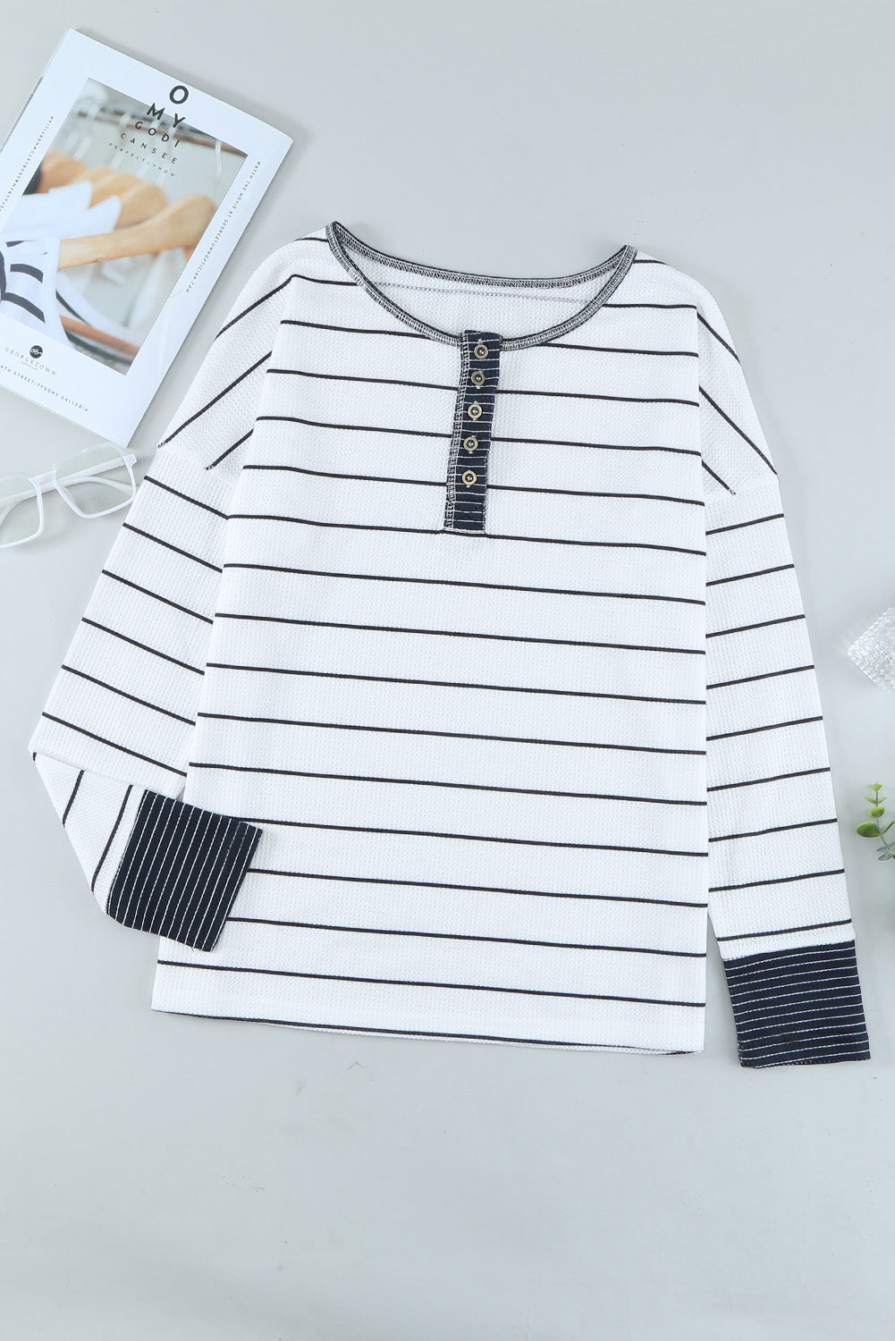 Striped Waffle Knit Henley Long Sleeve Top - T-Shirts - Shirts & Tops - 4 - 2024
