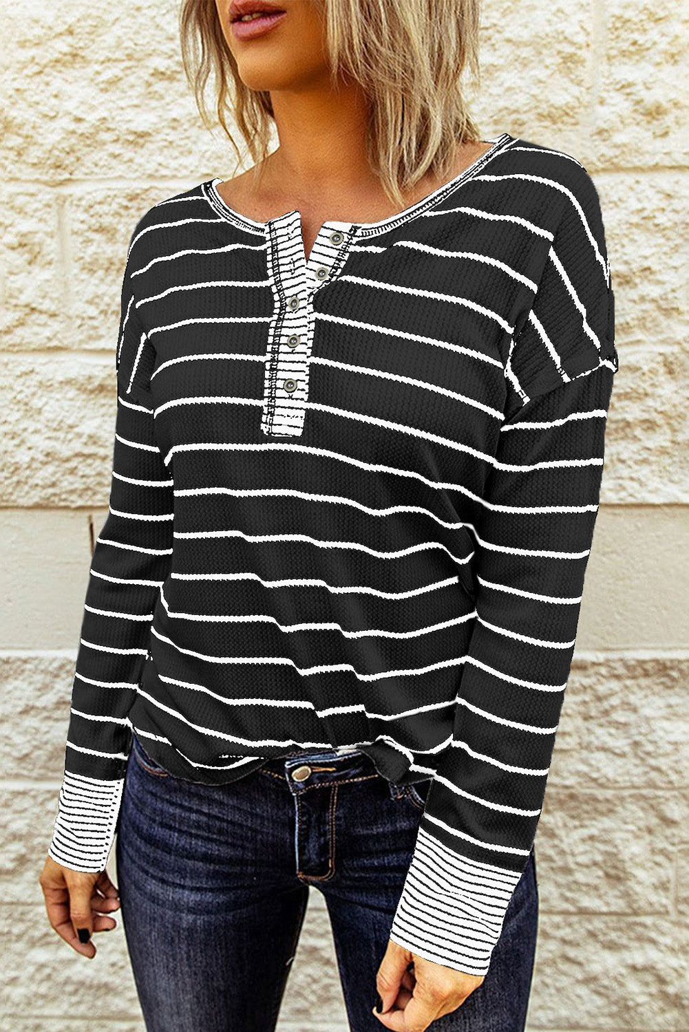 Striped Waffle Knit Henley Long Sleeve Top - T-Shirts - Shirts & Tops - 10 - 2024