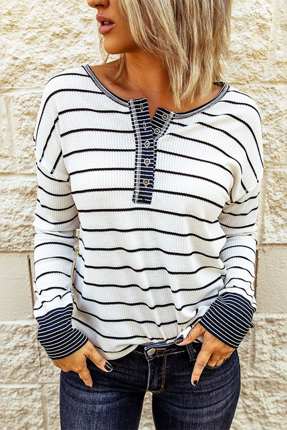 Striped Waffle Knit Henley Long Sleeve Top - White / S - T-Shirts - Shirts & Tops - 3 - 2024