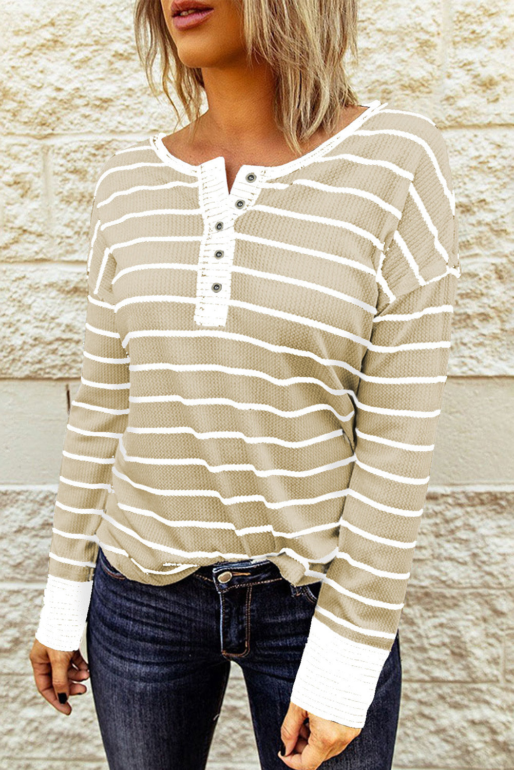 Striped Waffle Knit Henley Long Sleeve Top - T-Shirts - Shirts & Tops - 19 - 2024