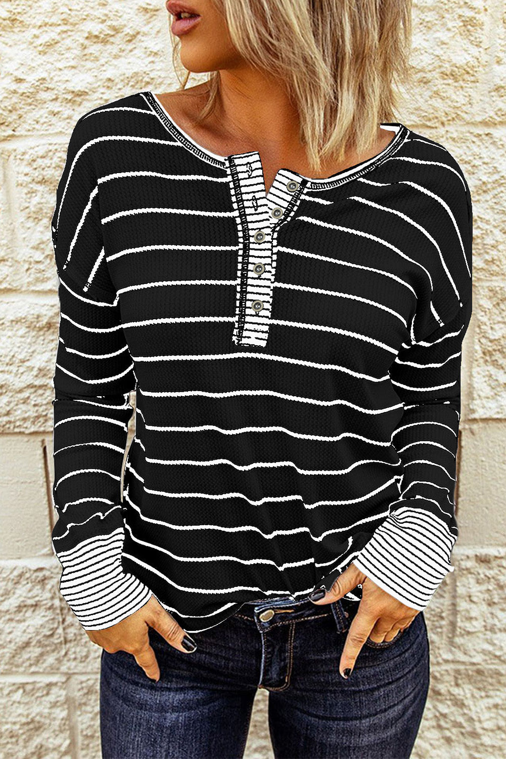 Striped Waffle Knit Henley Long Sleeve Top - Black / S - T-Shirts - Shirts & Tops - 9 - 2024