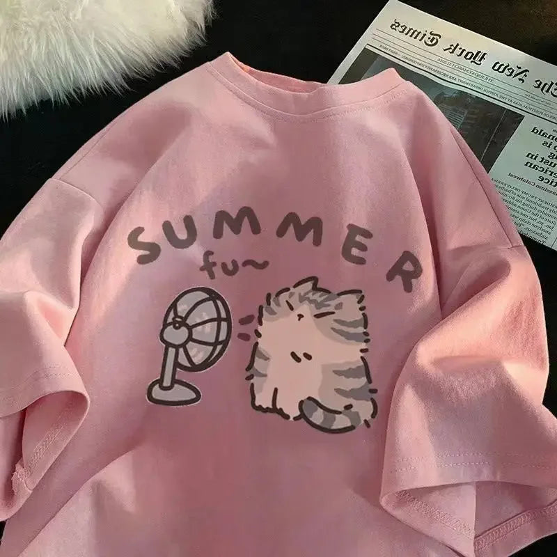 Summer Cool Cat Cotton T-shirt - Pink / S - T-Shirts - Shirts & Tops - 3 - 2024
