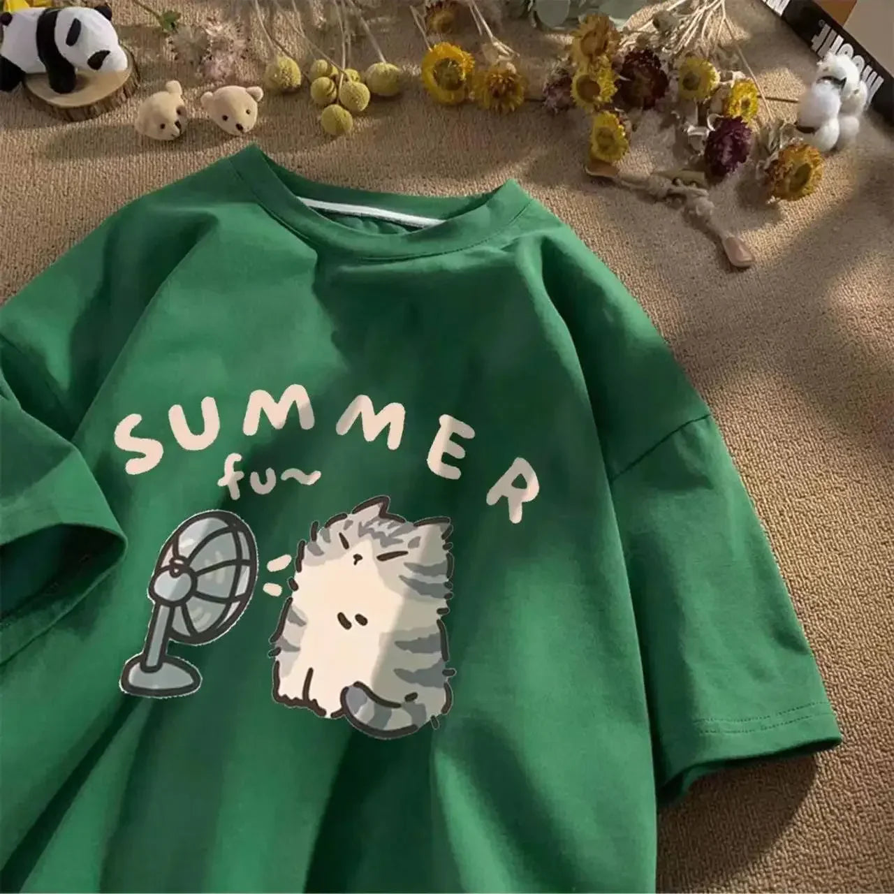 Summer Cool Cat Cotton T-shirt - Green / S - T-Shirts - Shirts & Tops - 6 - 2024
