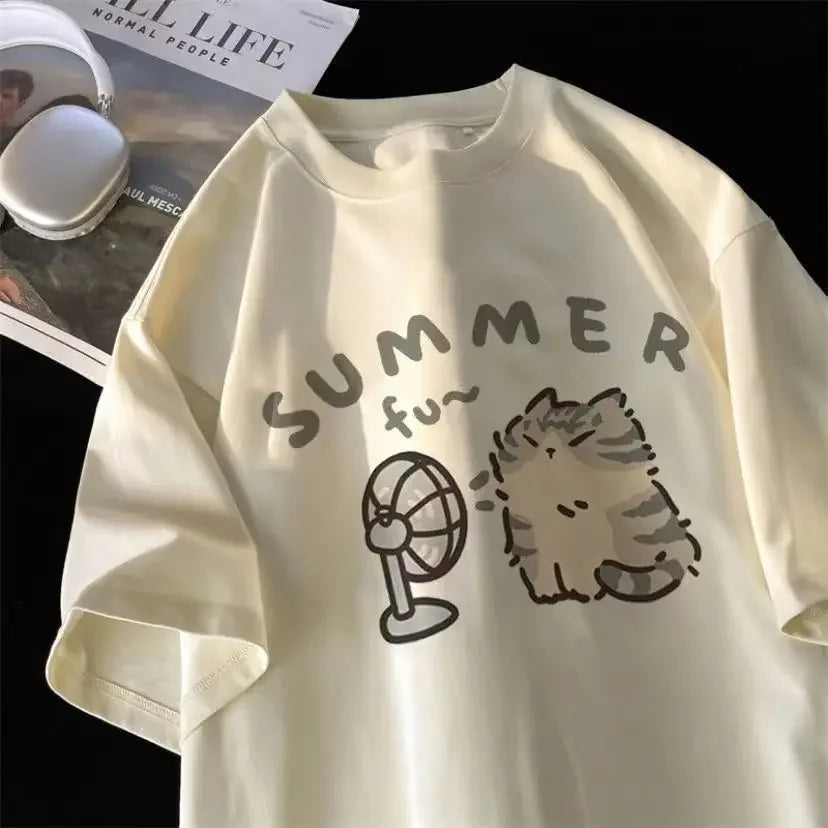 Summer Cool Cat Cotton T-shirt - Beige / S - T-Shirts - Shirts & Tops - 7 - 2024