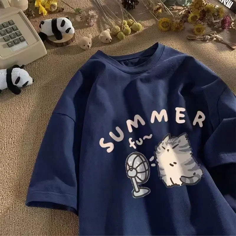 Summer Cool Cat Cotton T-shirt - Blue / S - T-Shirts - Shirts & Tops - 8 - 2024