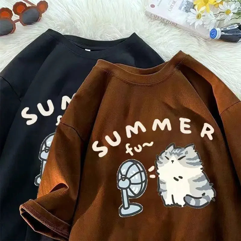 Summer Cool Cat Cotton T-shirt - Brown / S - T-Shirts - Shirts & Tops - 9 - 2024