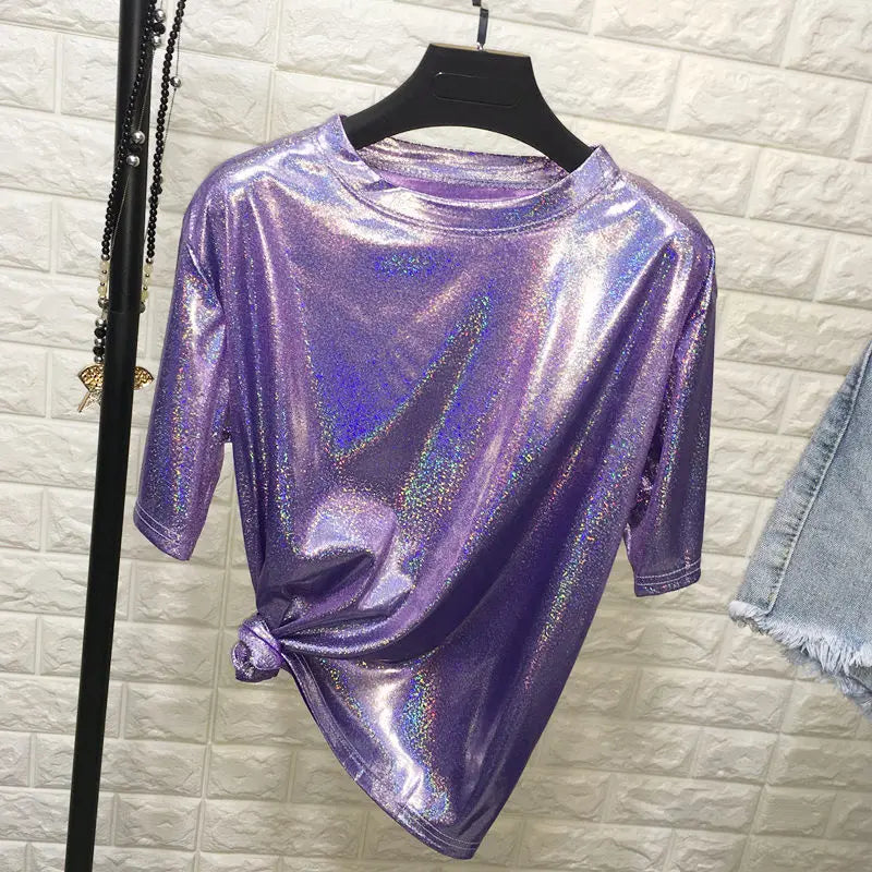 Summer Retro Bright Silk Loose Short Sleeve Top - T-Shirts - Shirts & Tops - 2 - 2024