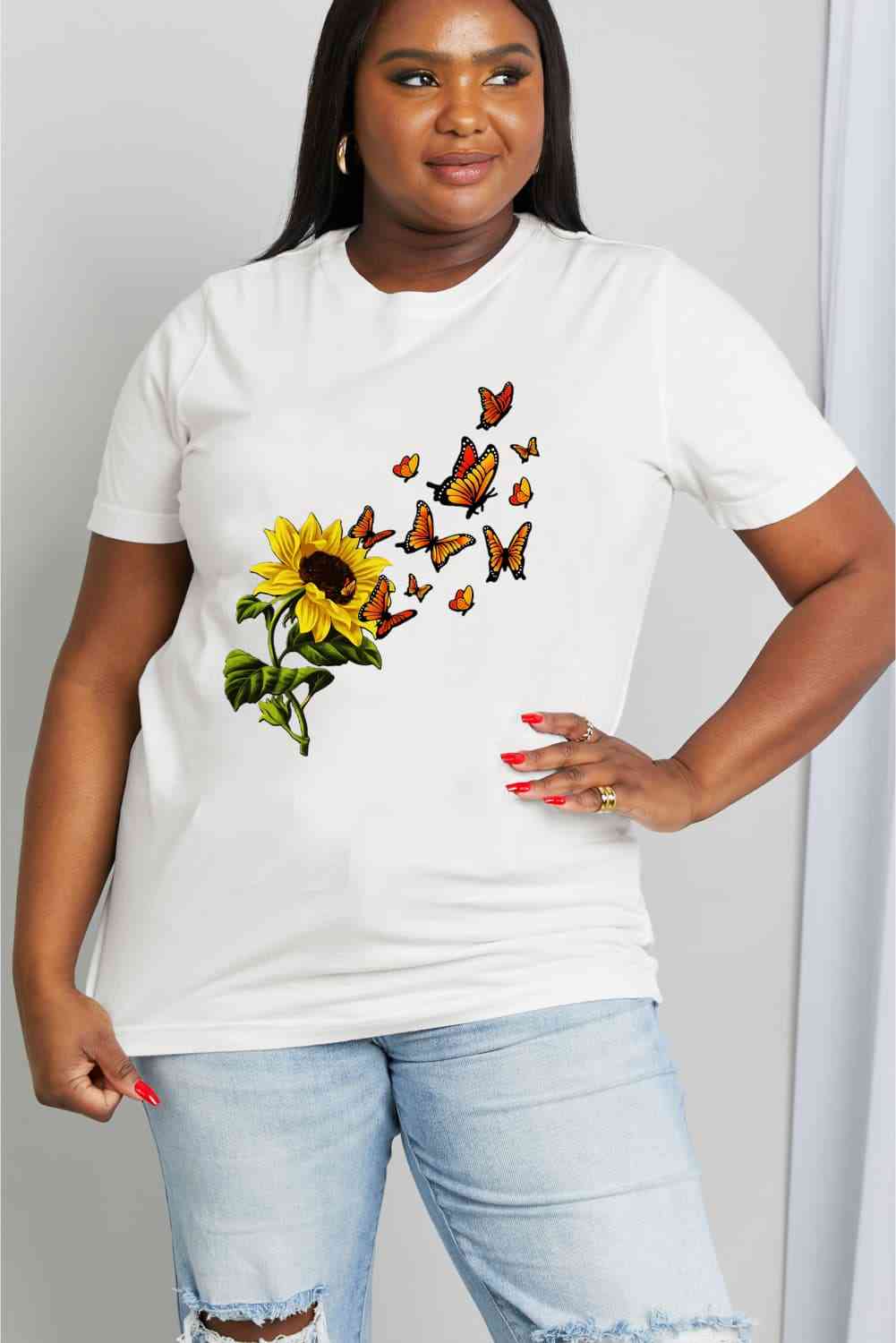 Sunflower Butterfly Graphic Cotton Tee - T-Shirts - Shirts & Tops - 5 - 2024