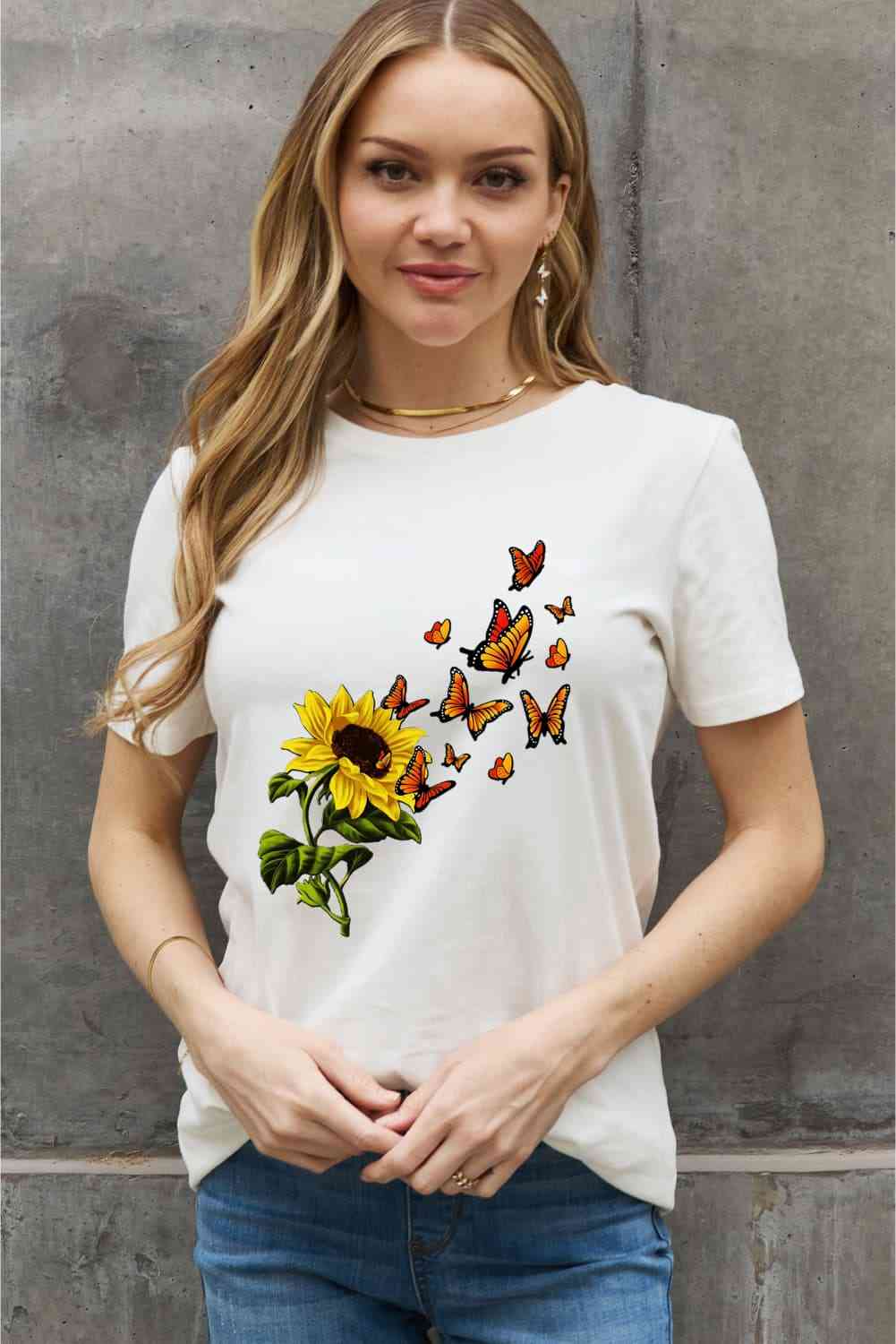 Sunflower Butterfly Graphic Cotton Tee - T-Shirts - Shirts & Tops - 3 - 2024