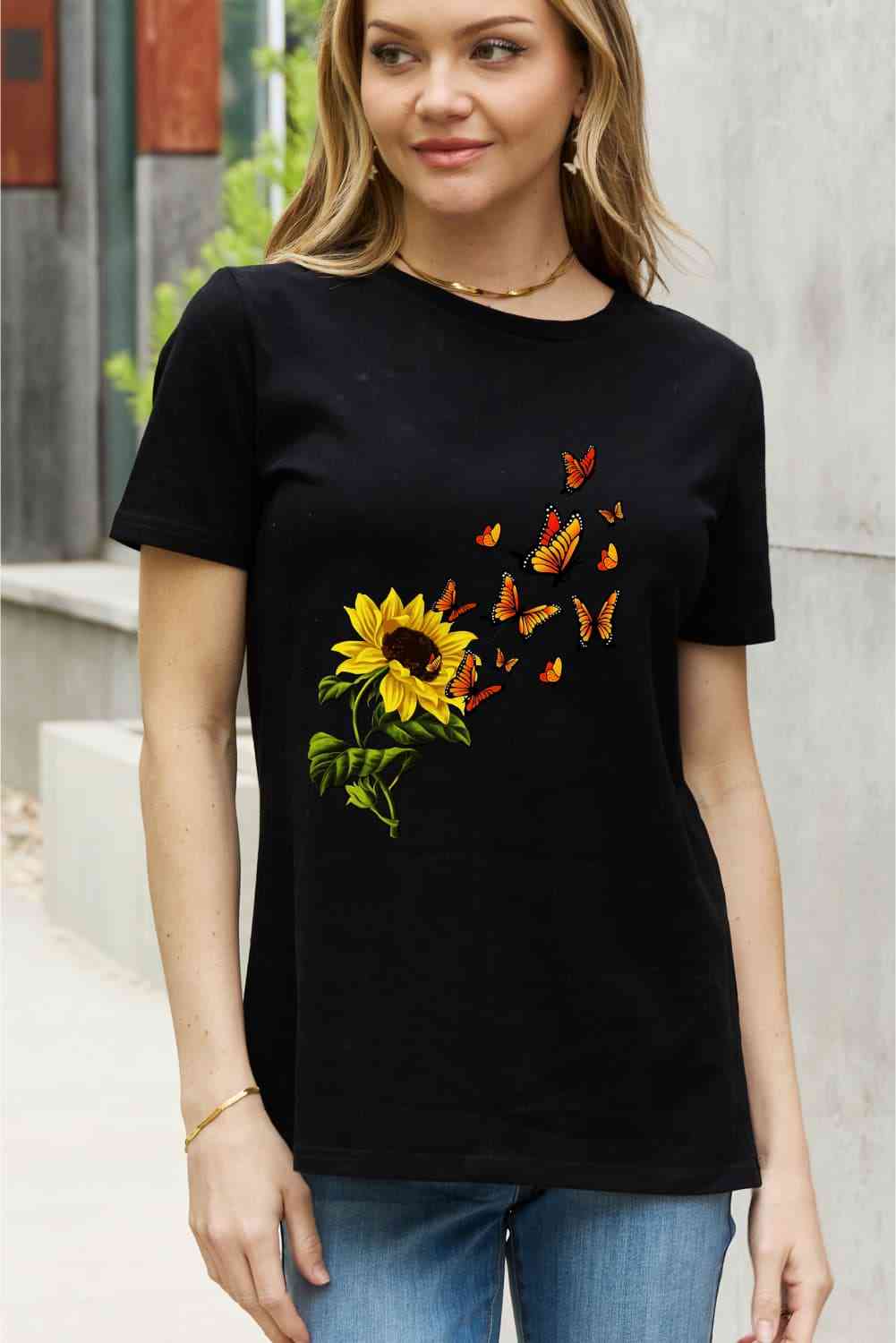 Sunflower Butterfly Graphic Cotton Tee - T-Shirts - Shirts & Tops - 7 - 2024