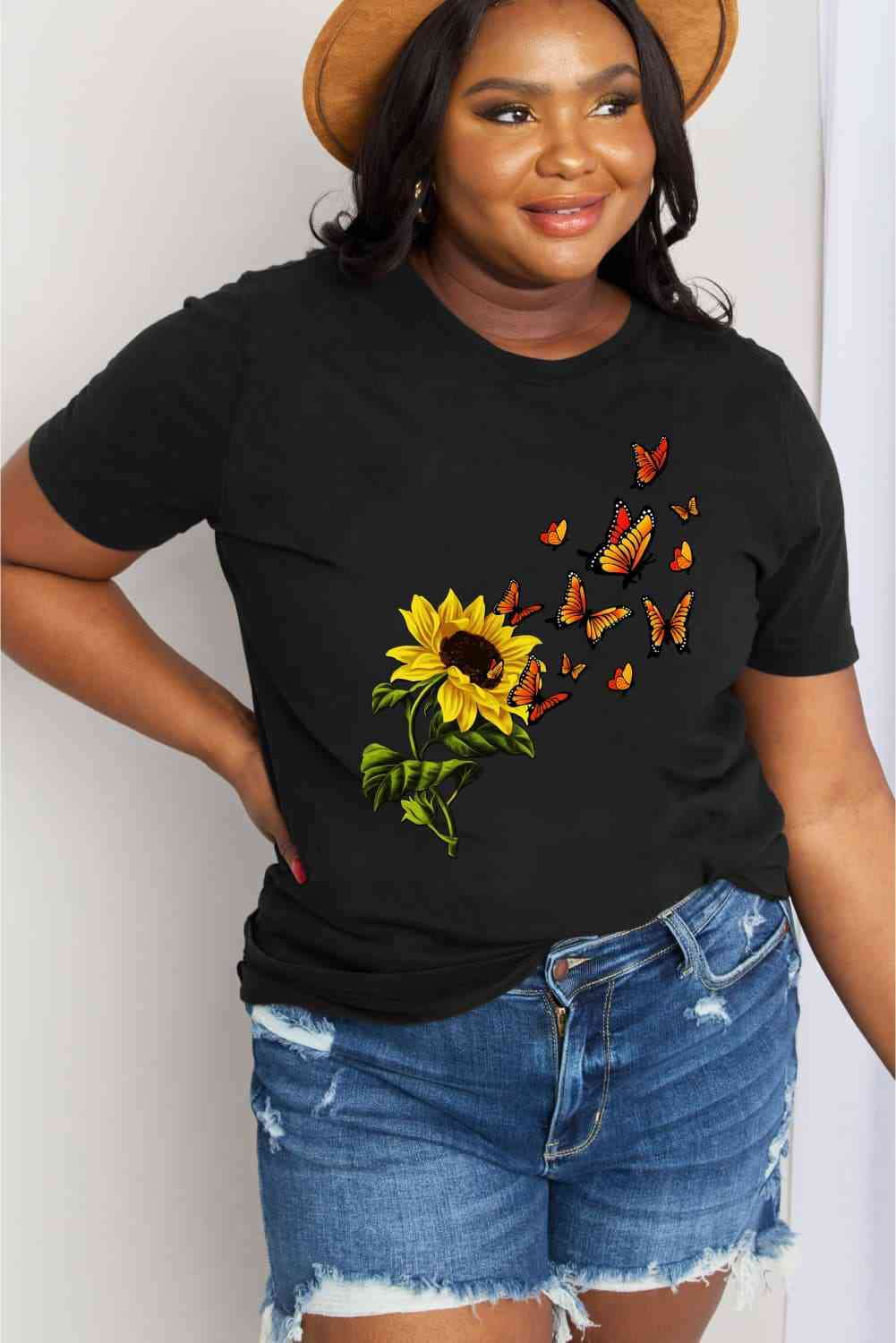 Sunflower Butterfly Graphic Cotton Tee - T-Shirts - Shirts & Tops - 9 - 2024