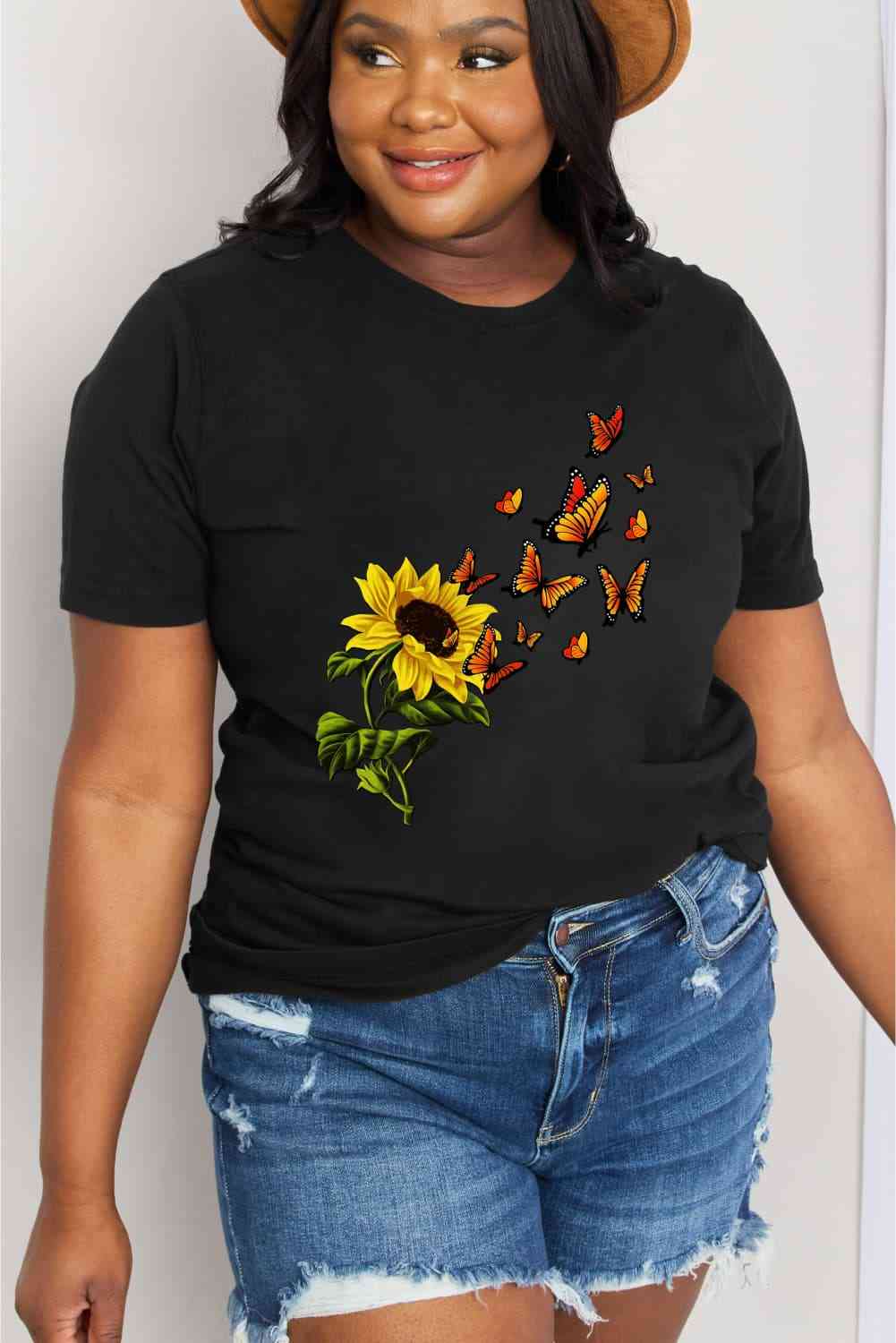 Sunflower Butterfly Graphic Cotton Tee - T-Shirts - Shirts & Tops - 10 - 2024