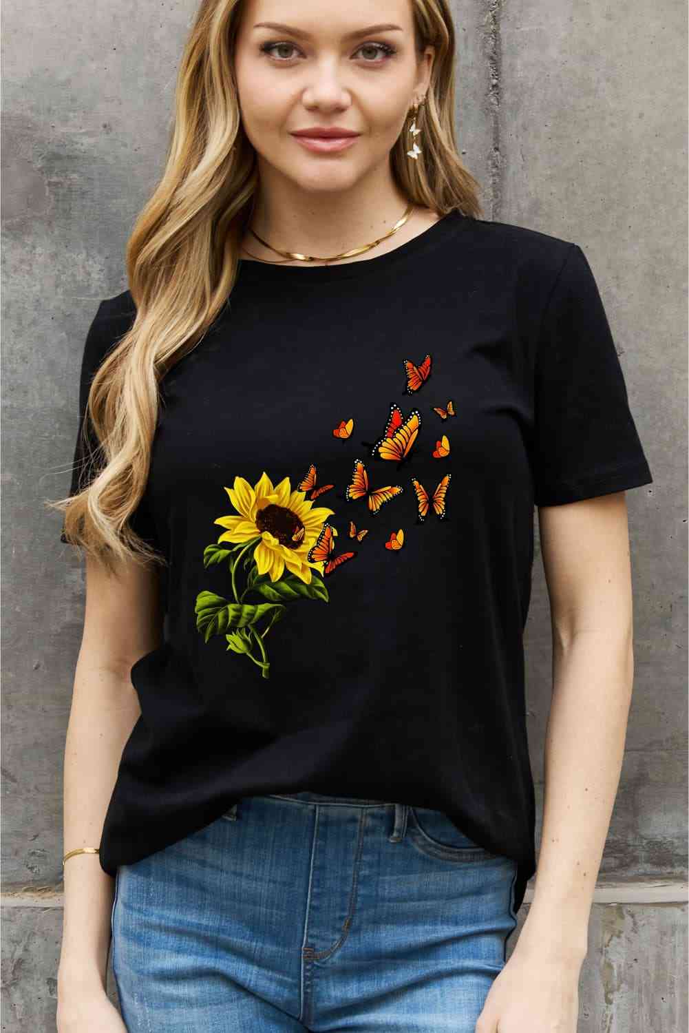 Sunflower Butterfly Graphic Cotton Tee - Black / S - T-Shirts - Shirts & Tops - 6 - 2024