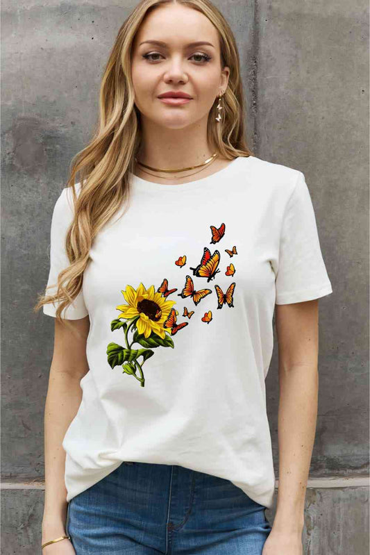 Sunflower Butterfly Graphic Cotton Tee - Bleach / S - T-Shirts - Shirts & Tops - 1 - 2024