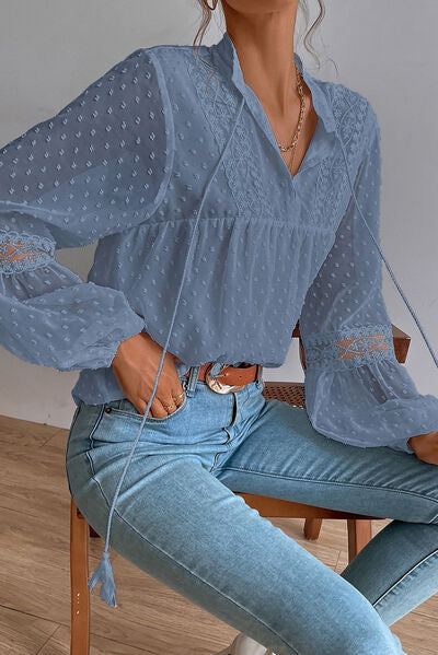 Swiss Dot Lace Detail Tie Neck Shirt - T-Shirts - Shirts & Tops - 15 - 2024