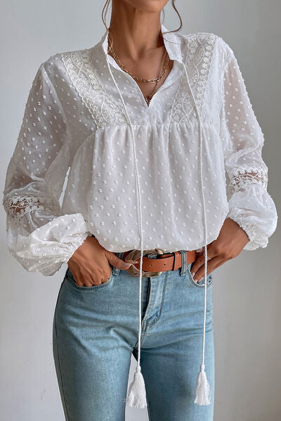 Swiss Dot Lace Detail Tie Neck Shirt - White / S - T-Shirts - Shirts & Tops - 1 - 2024