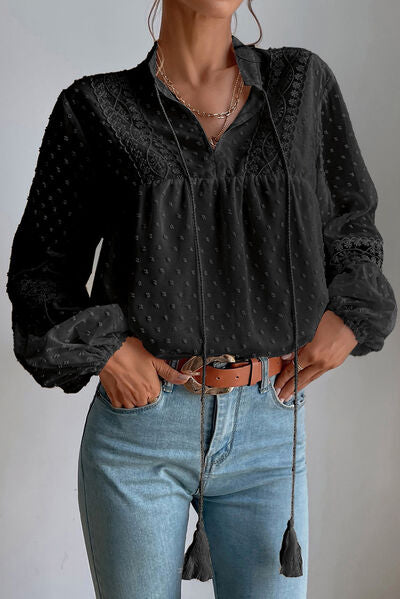 Swiss Dot Lace Detail Tie Neck Shirt - Black / S - T-Shirts - Shirts & Tops - 11 - 2024