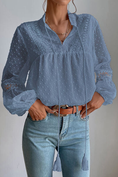Swiss Dot Lace Detail Tie Neck Shirt - Misty Blue / S - T-Shirts - Shirts & Tops - 14 - 2024