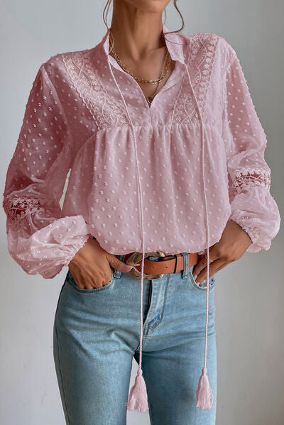 Swiss Dot Lace Detail Tie Neck Shirt - Dusty Pink / S - T-Shirts - Shirts & Tops - 5 - 2024