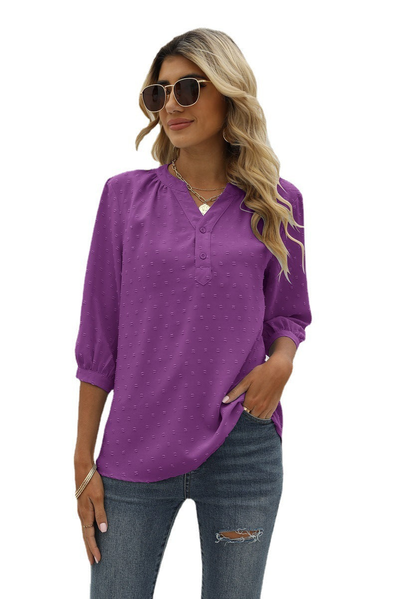 Swiss Dot Notched Neck Three-Quarter Sleeve Blouse - T-Shirts - Shirts & Tops - 16 - 2024