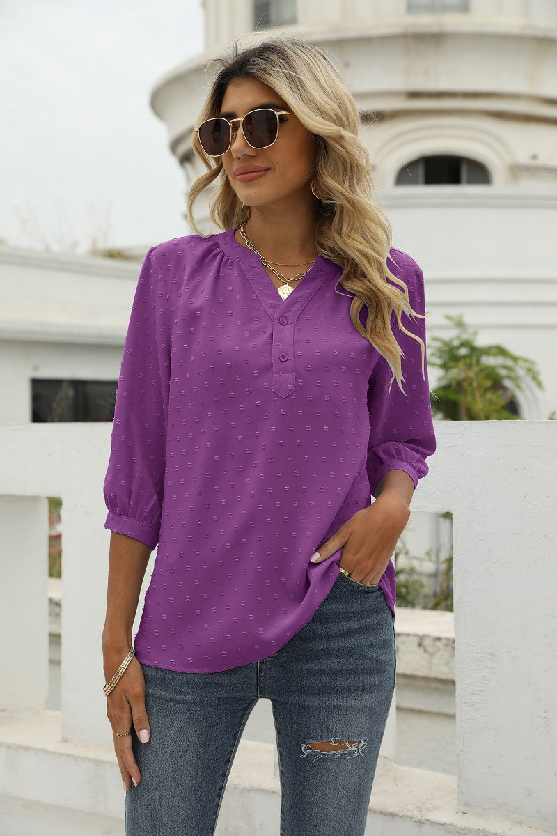 Swiss Dot Notched Neck Three-Quarter Sleeve Blouse - Purple / S - T-Shirts - Shirts & Tops - 15 - 2024