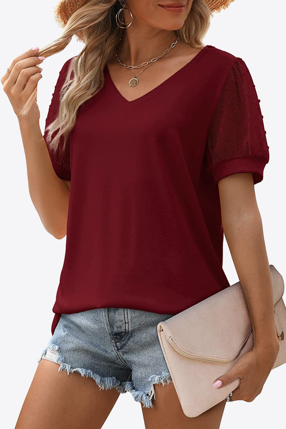 Swiss Dot Puff Sleeve V-Neck Tee - T-Shirts - Shirts & Tops - 30 - 2024