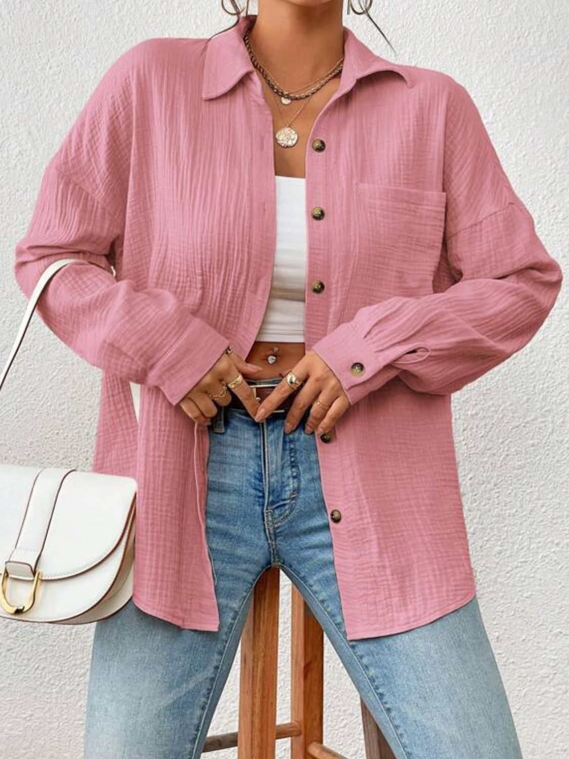 Textured Drop Shoulder Shirt Jacket - Pink / S - T-Shirts - Coats & Jackets - 4 - 2024