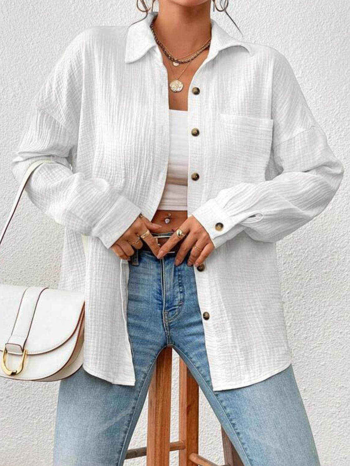 Textured Drop Shoulder Shirt Jacket - White / S - T-Shirts - Coats & Jackets - 13 - 2024