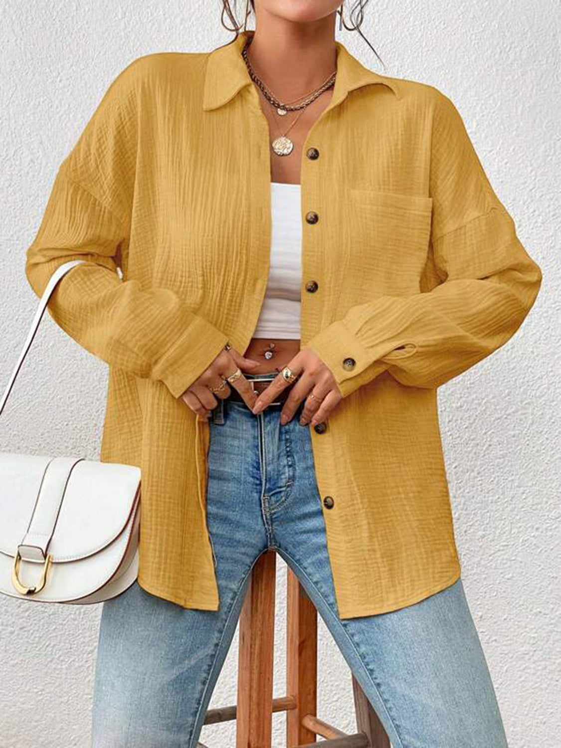 Textured Drop Shoulder Shirt Jacket - Yellow / S - T-Shirts - Coats & Jackets - 7 - 2024