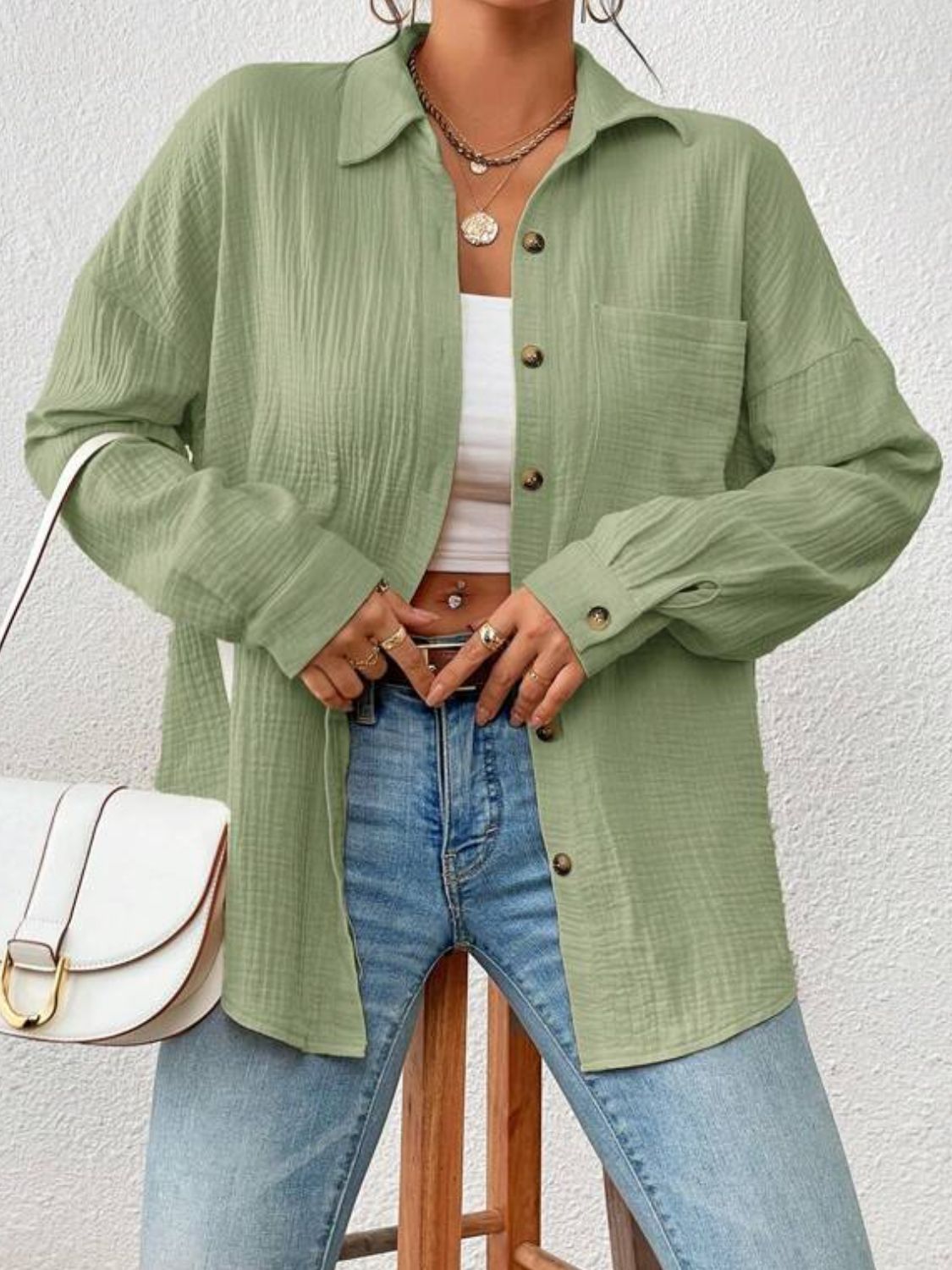 Textured Drop Shoulder Shirt Jacket - Green / S - T-Shirts - Coats & Jackets - 16 - 2024