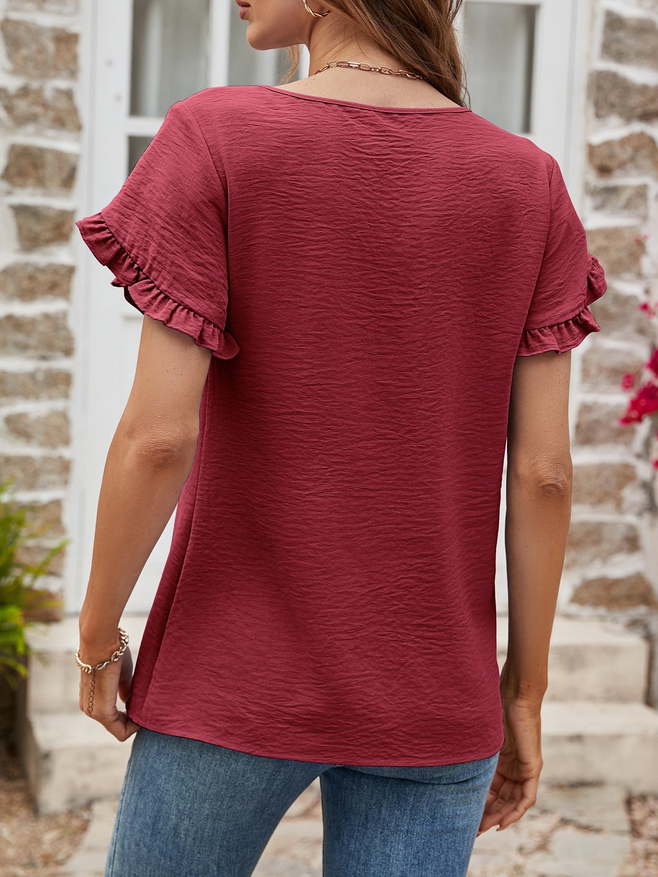 Textured Petal Sleeve Round Neck Tee - T-Shirts - Shirts & Tops - 8 - 2024