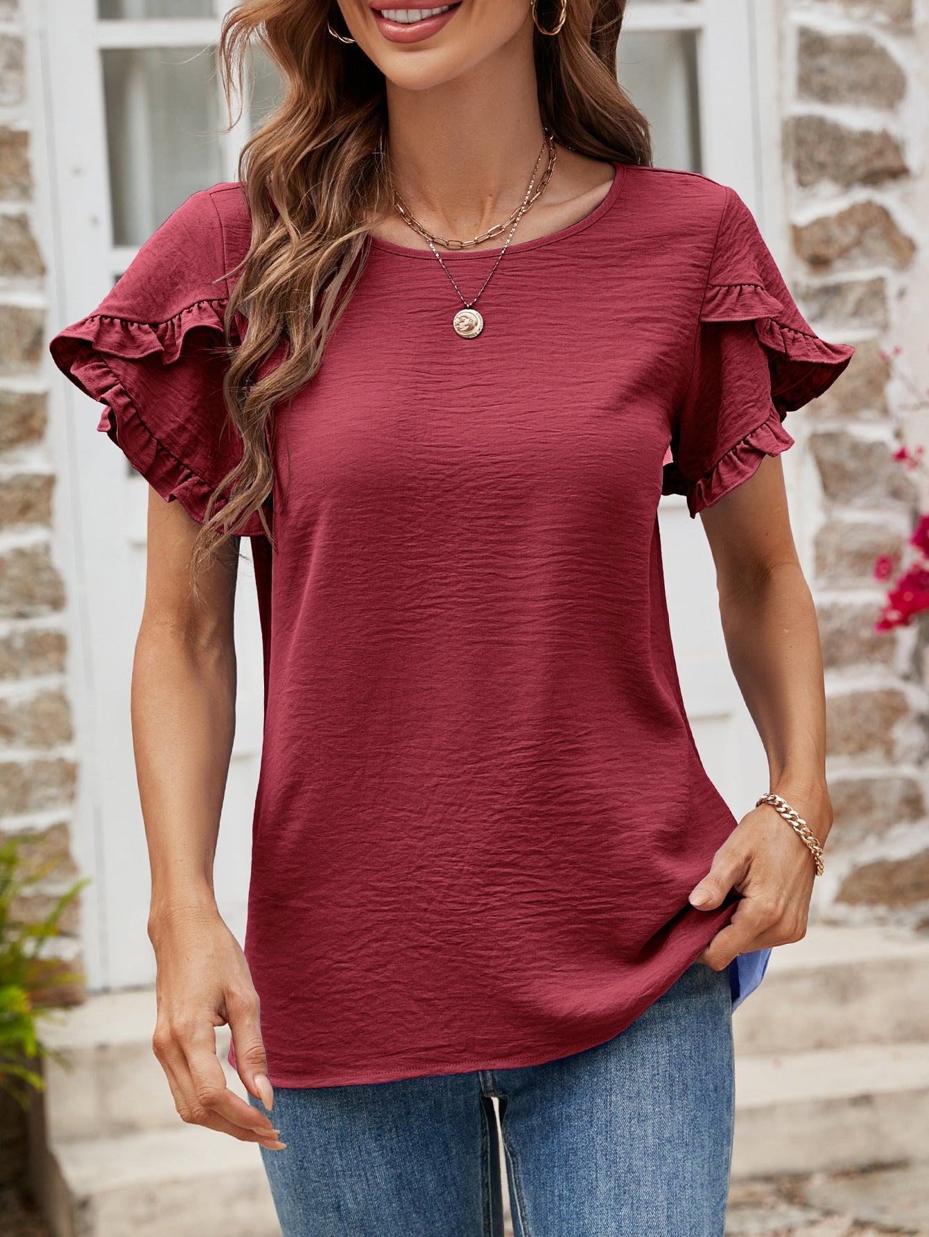 Textured Petal Sleeve Round Neck Tee - T-Shirts - Shirts & Tops - 6 - 2024