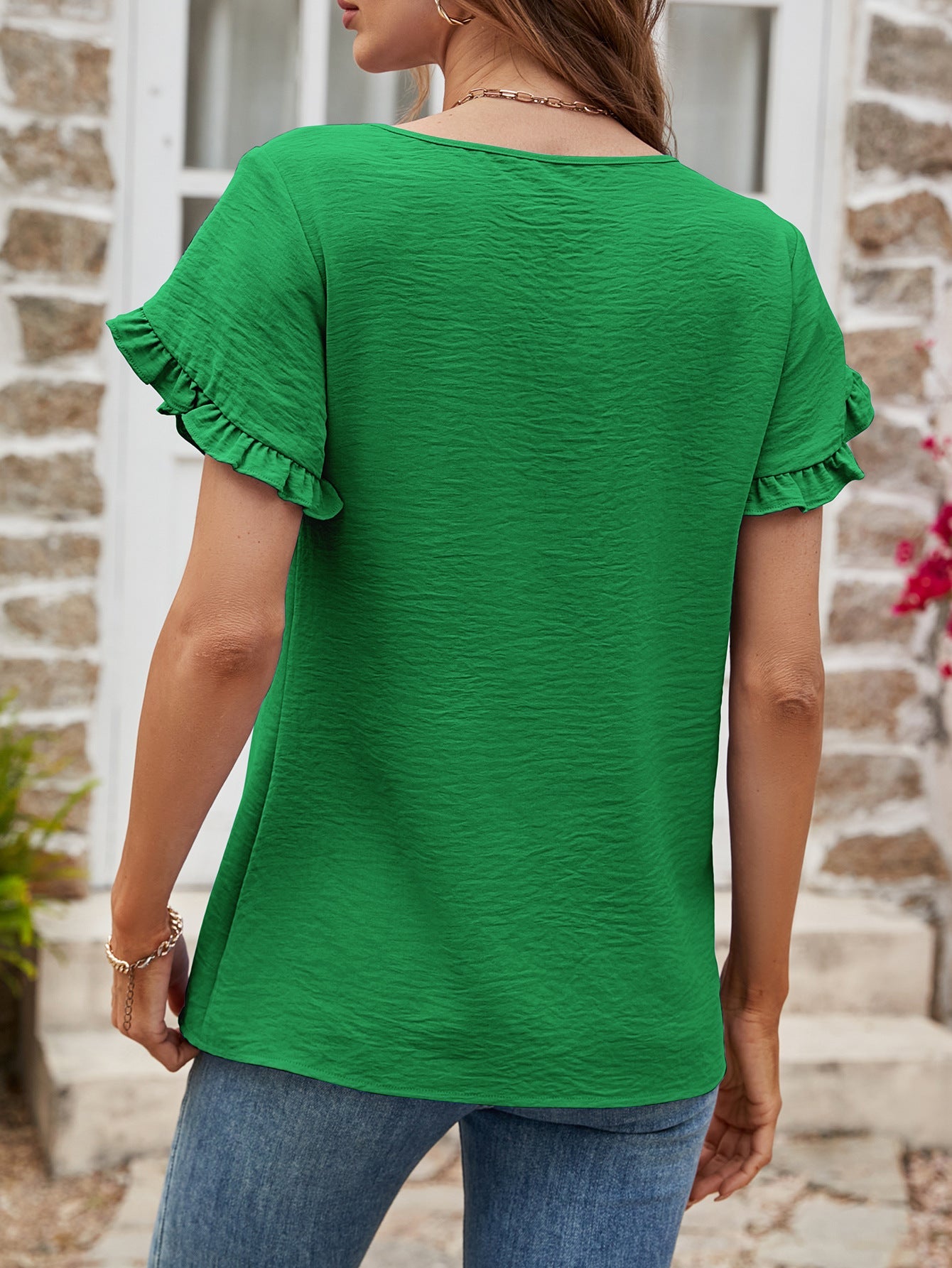 Textured Petal Sleeve Round Neck Tee - T-Shirts - Shirts & Tops - 12 - 2024