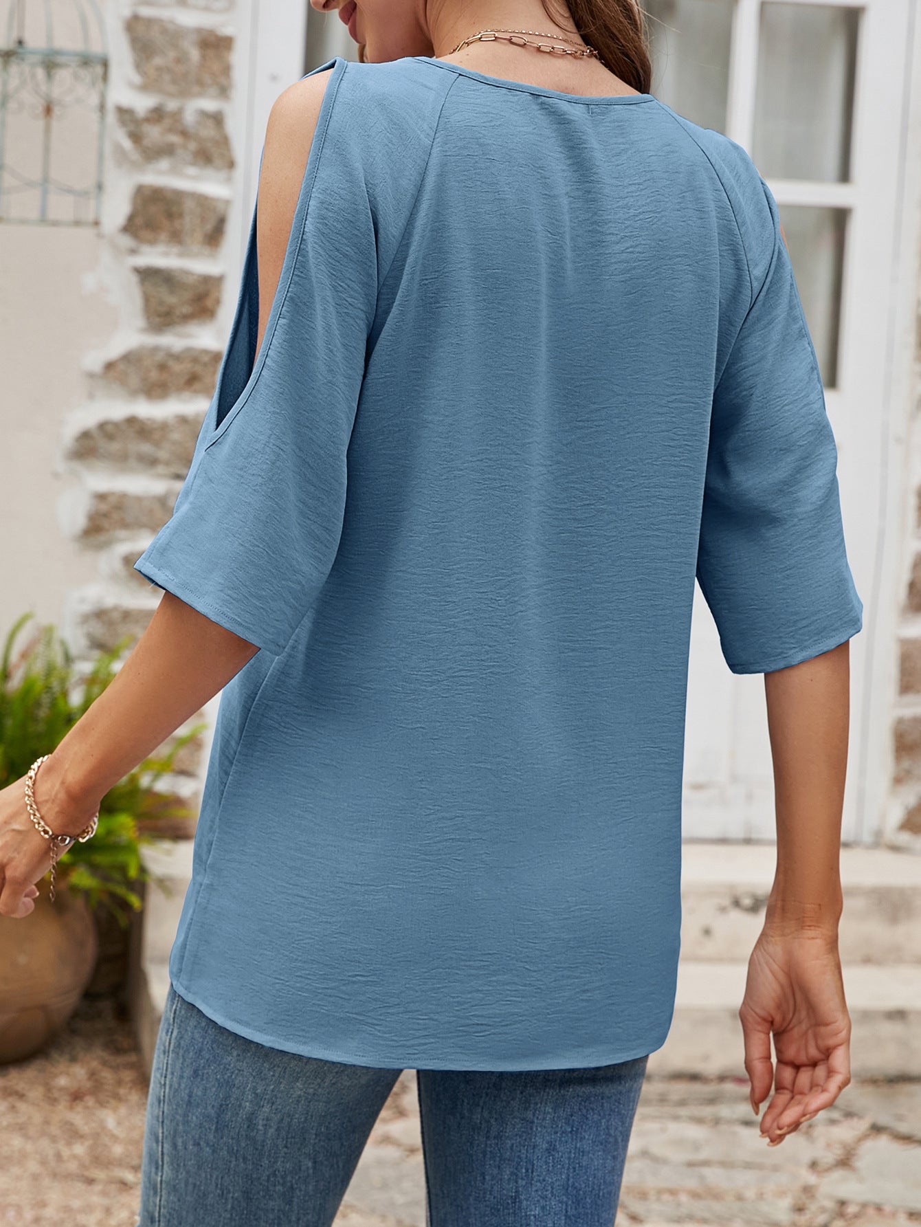Textured Round Neck Split Sleeve Top - T-Shirts - Shirts & Tops - 2 - 2024