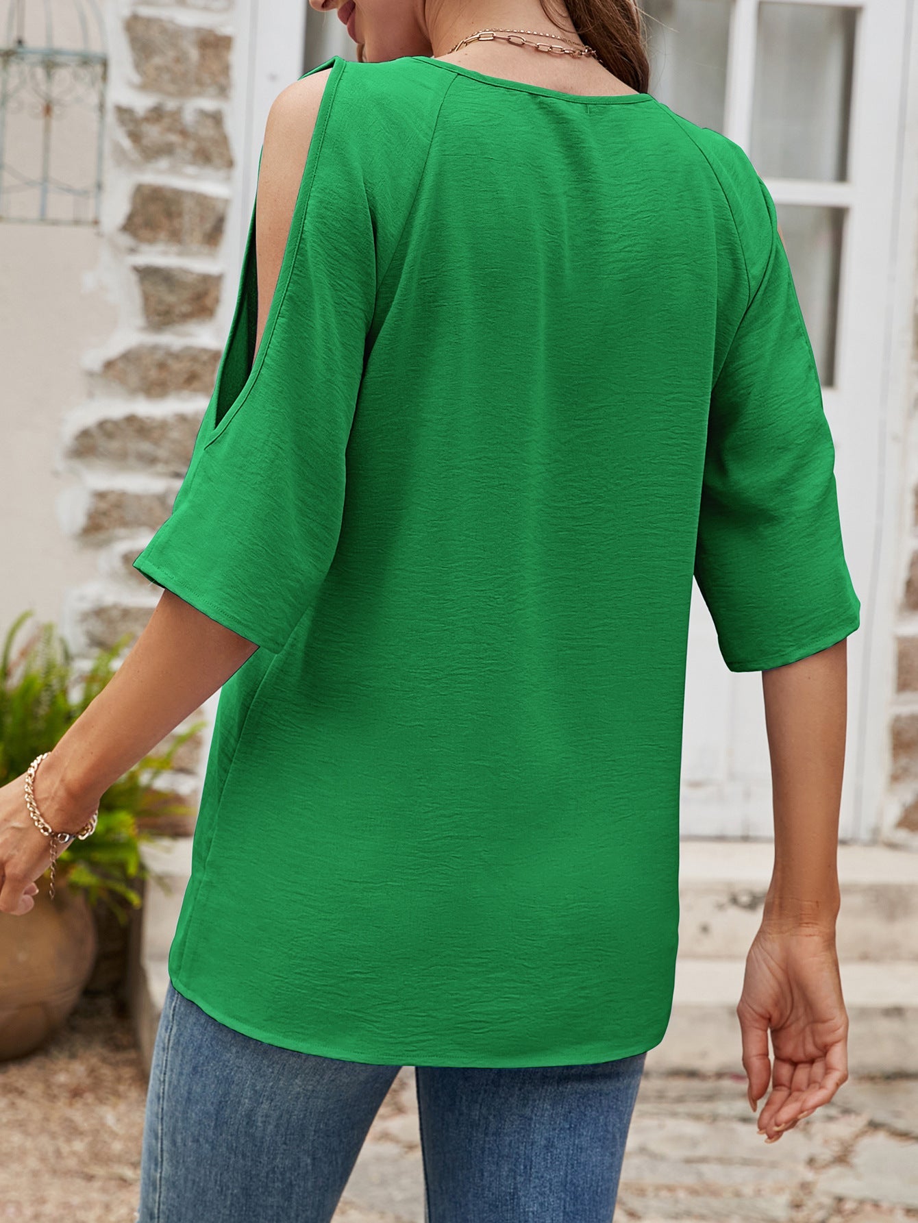 Textured Round Neck Split Sleeve Top - T-Shirts - Shirts & Tops - 12 - 2024