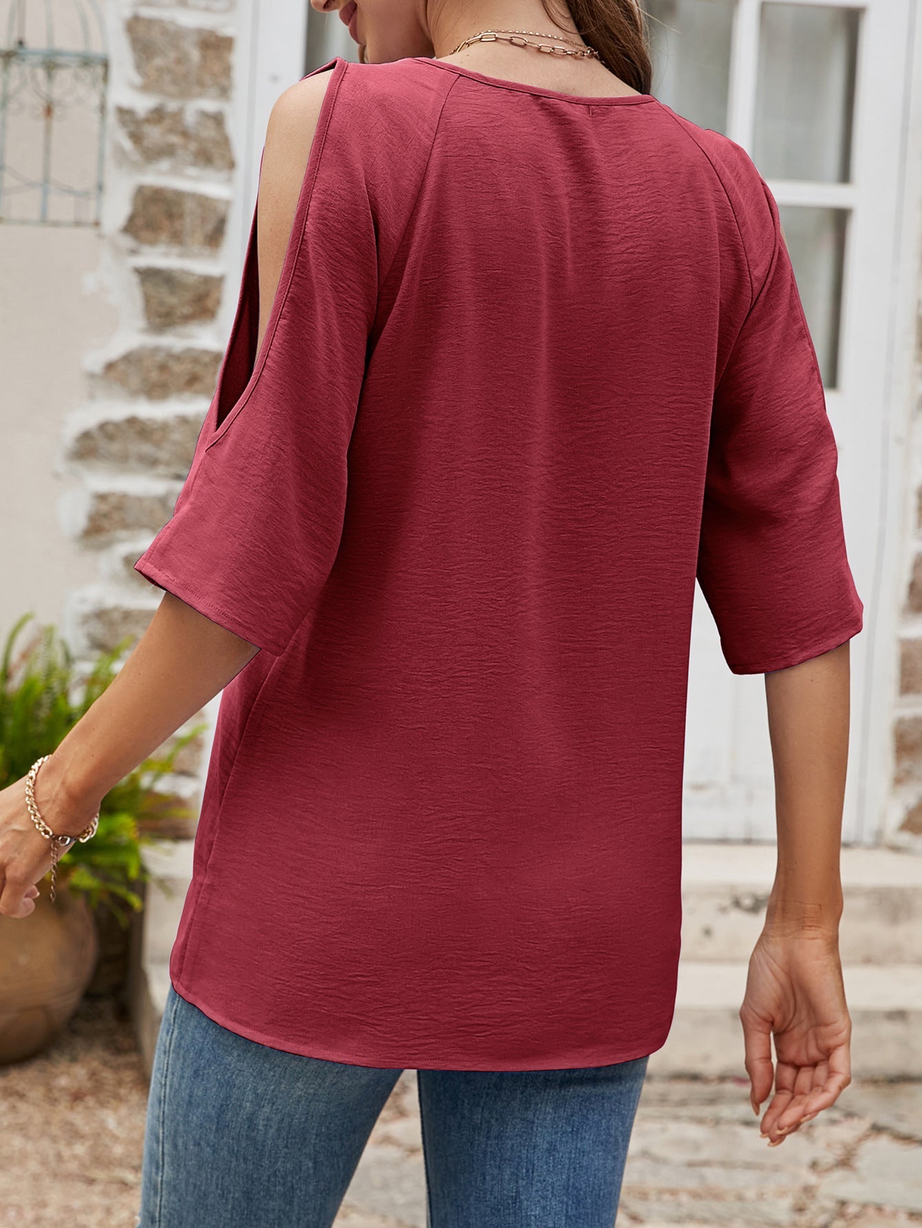 Textured Round Neck Split Sleeve Top - T-Shirts - Shirts & Tops - 8 - 2024