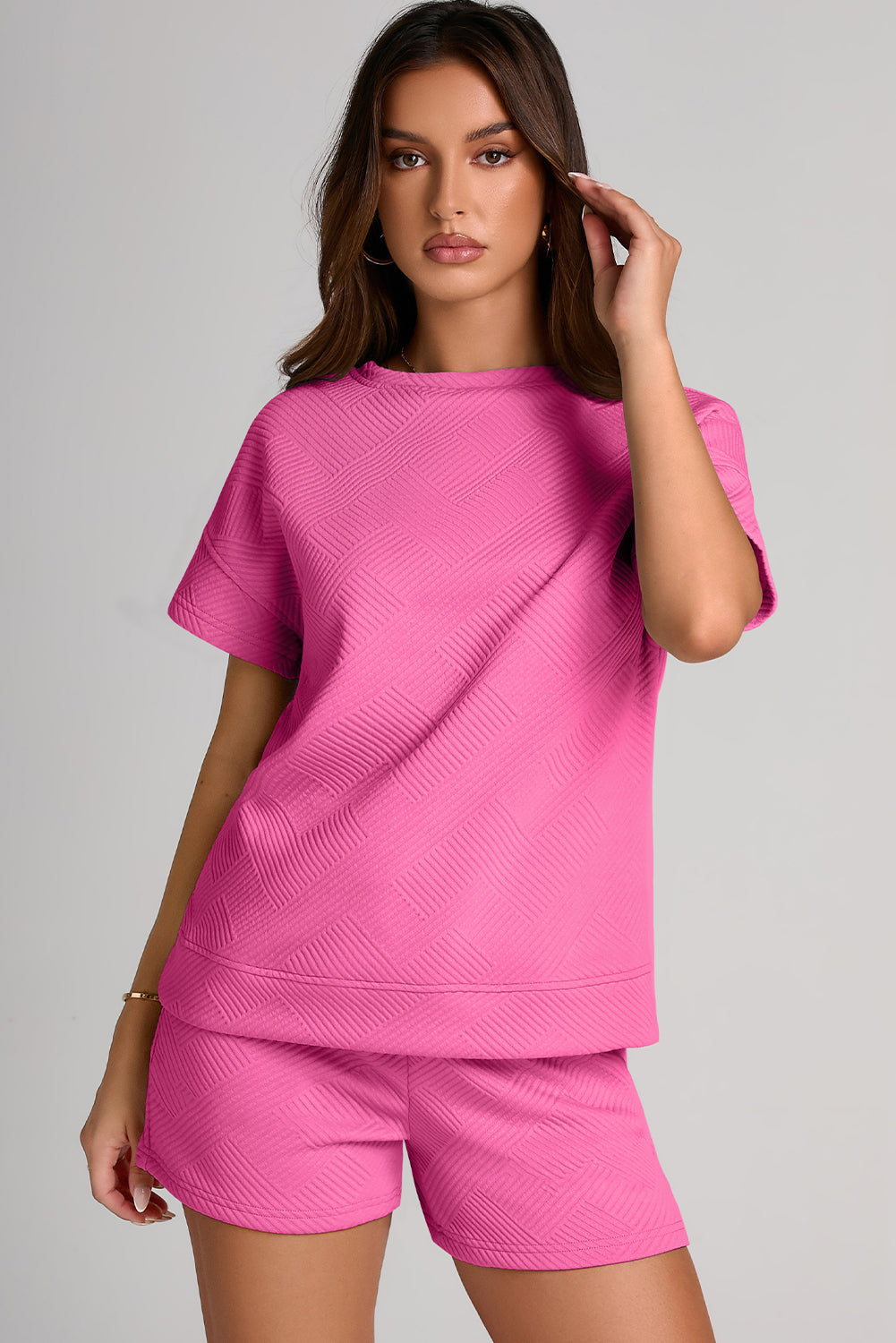Textured Round Neck T-Shirt and Shorts Set - Fuchsia Pink / L - T-Shirts - Outfit Sets - 9 - 2024