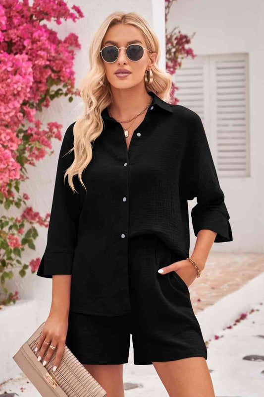 Textured Shirt and Elastic Waist Shorts Set - Black / S - T-Shirts - Outfit Sets - 1 - 2024