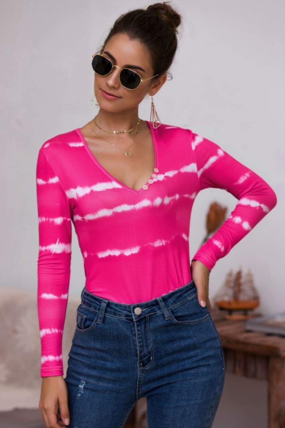 Tie-Dye Plunge Long Sleeve Top - T-Shirts - Shirts & Tops - 4 - 2024