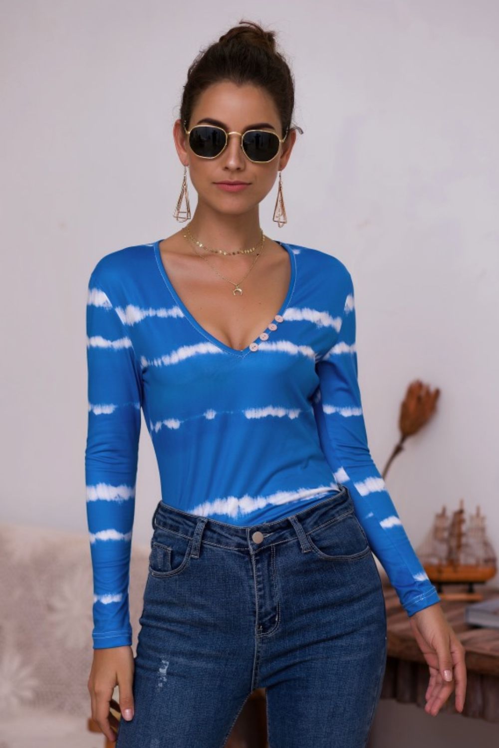 Tie-Dye Plunge Long Sleeve Top - Blue / S - T-Shirts - Shirts & Tops - 11 - 2024