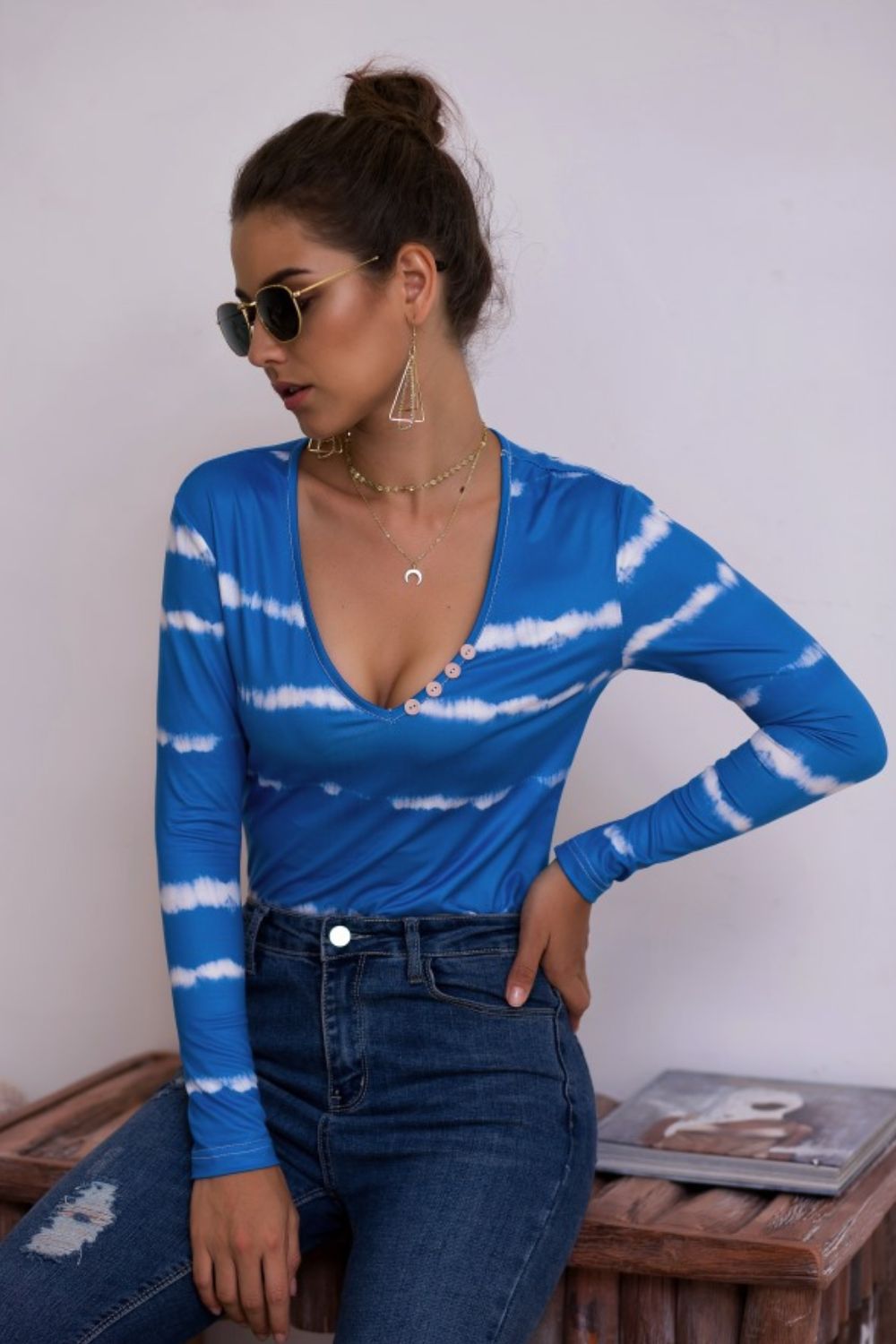 Tie-Dye Plunge Long Sleeve Top - T-Shirts - Shirts & Tops - 12 - 2024