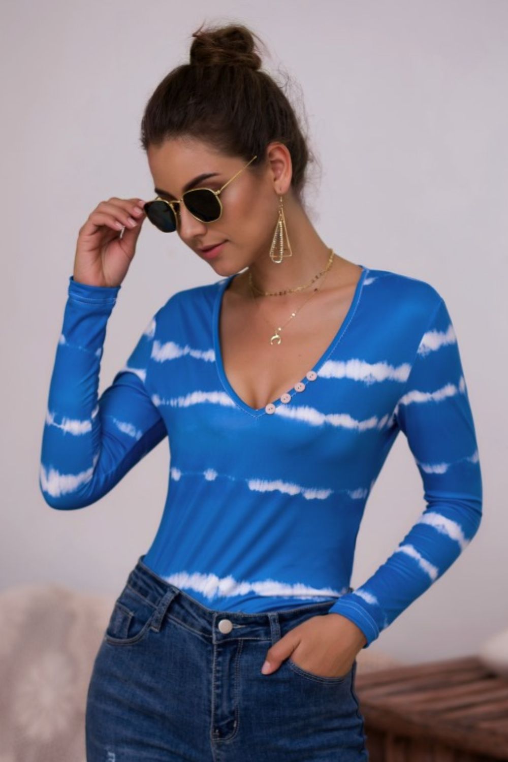 Tie-Dye Plunge Long Sleeve Top - T-Shirts - Shirts & Tops - 9 - 2024