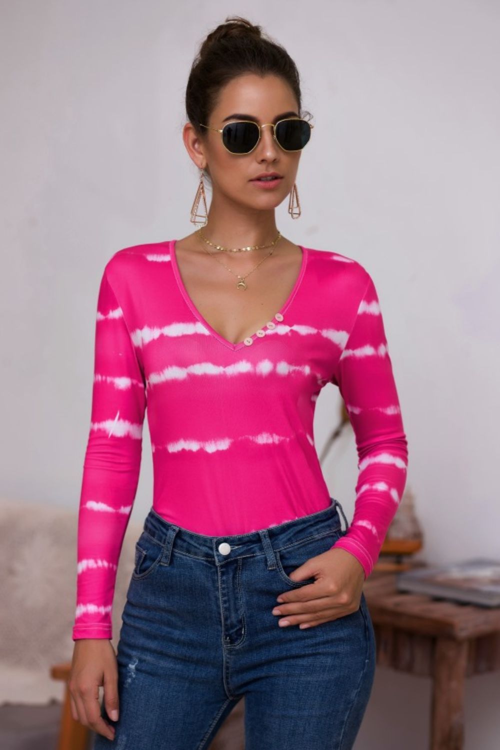 Tie-Dye Plunge Long Sleeve Top - Pink / S - T-Shirts - Shirts & Tops - 1 - 2024